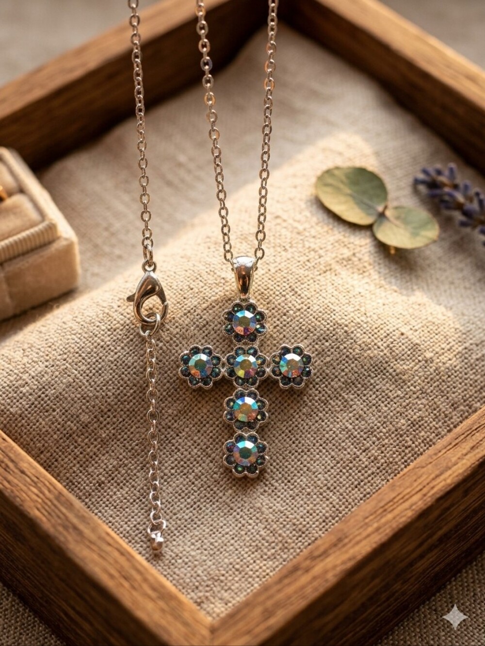 Vintage Silver Floral Rhinestone Cross Necklace - Aurora Borealis Crystal